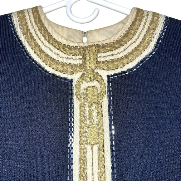 St John Evening Blue And Metallic Gold Embroidered Knit Sweater - Picture 3 of 16